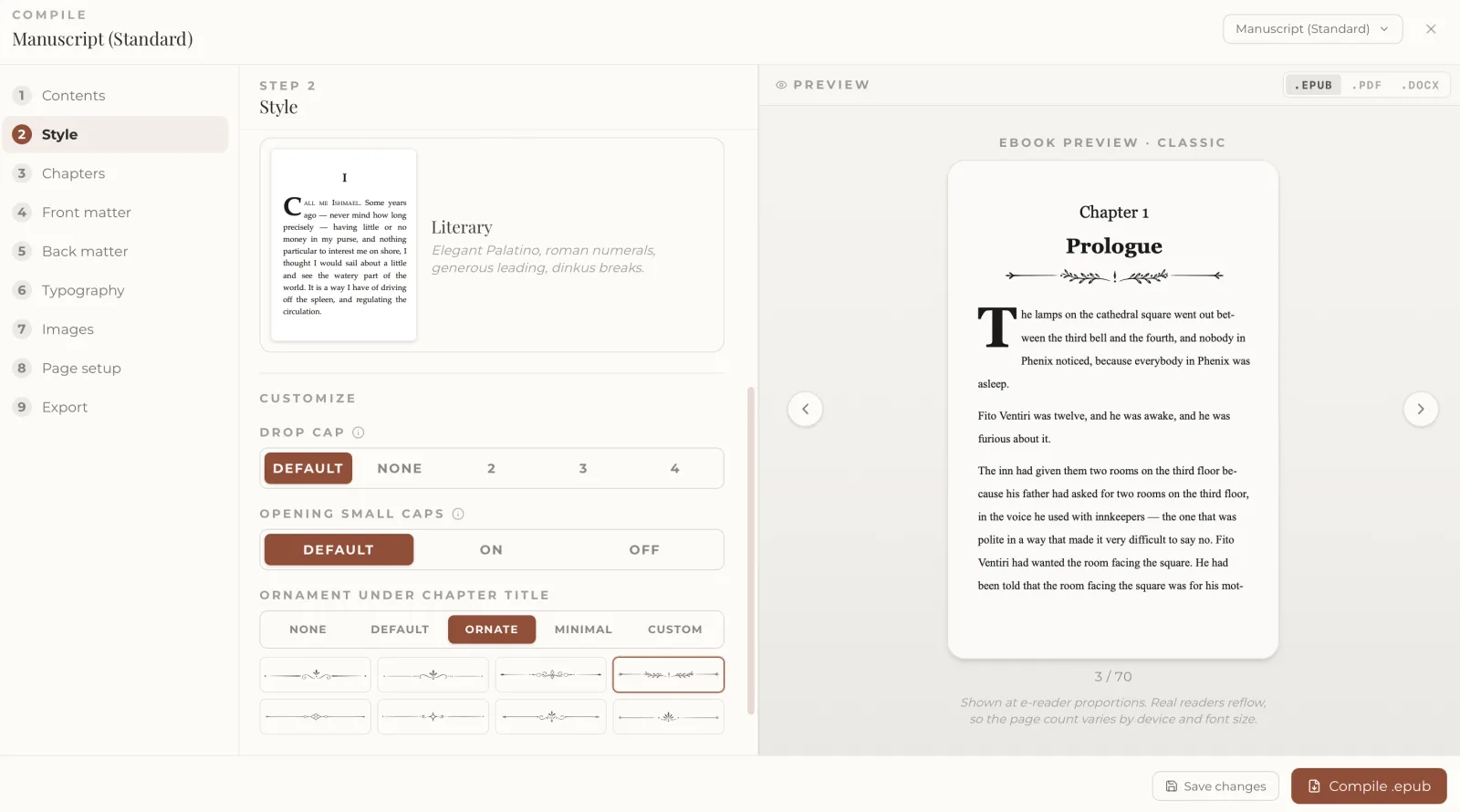 Procedura guidata di compilazione in Atelier esportando un manoscritto in stile in EPUB con anteprima del libro in tempo reale