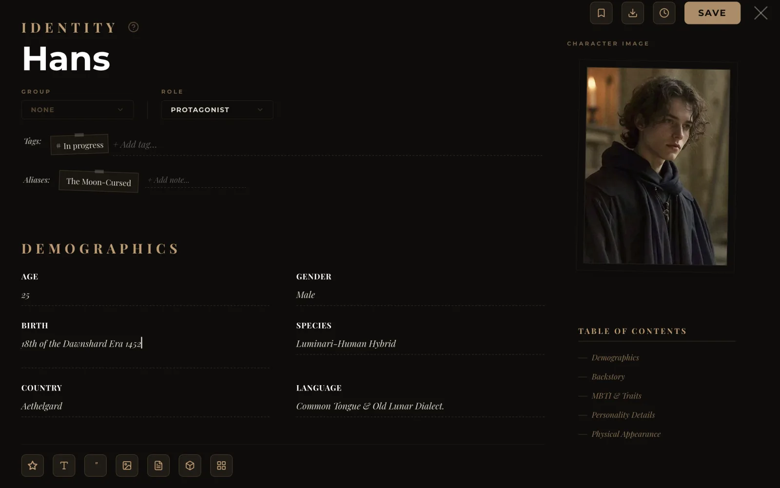 Editor della scheda dei caratteri in ForgeTales: identità, dati demografici e data di nascita in un'era personalizzata