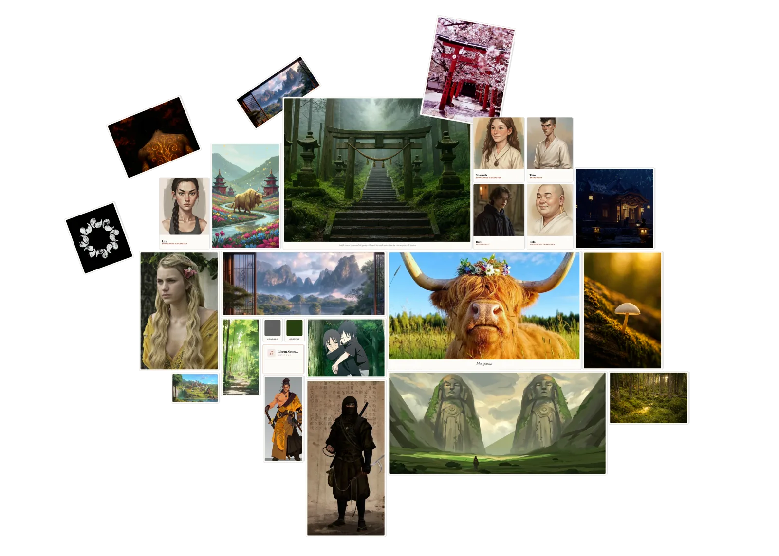 Moodboard in forma libera in ForgeTales che mescola grafica, foto, carte dei personaggi, tavolozze di colori e musica