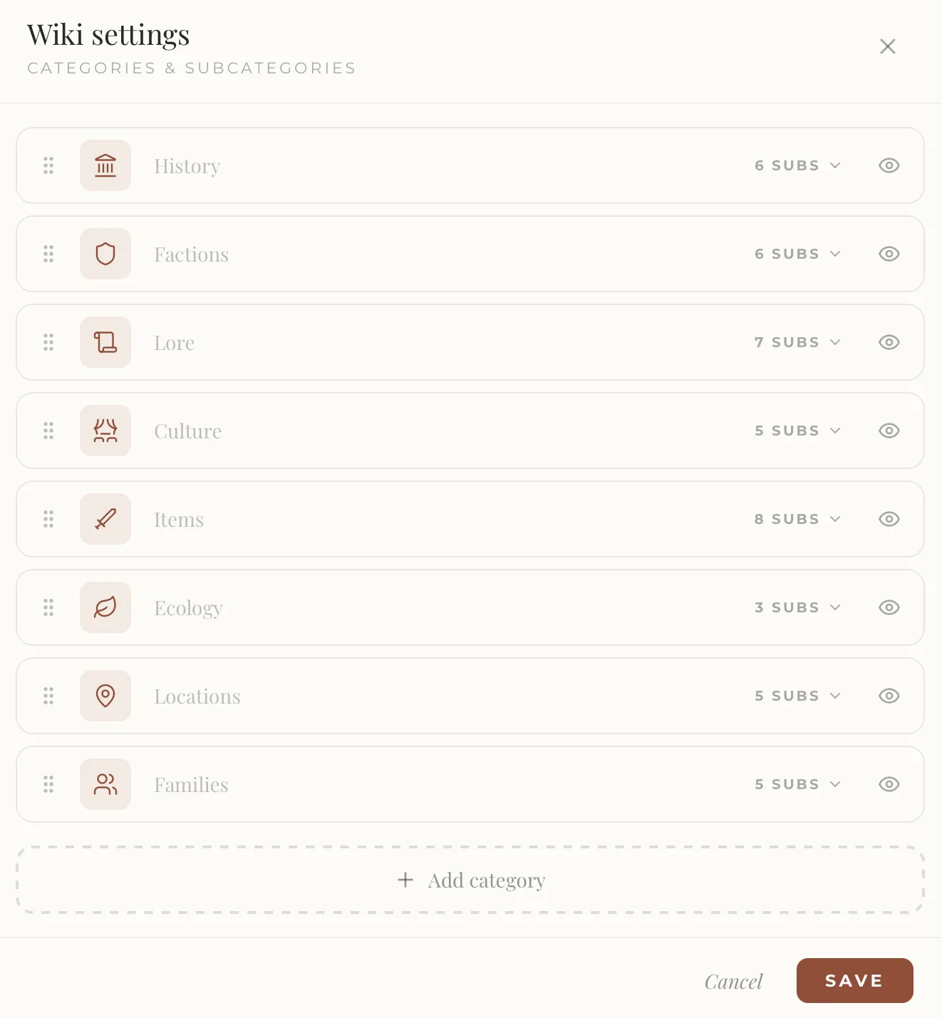 Wiki settings in ForgeTales: reorder, rename, hide and add custom categories and subcategories